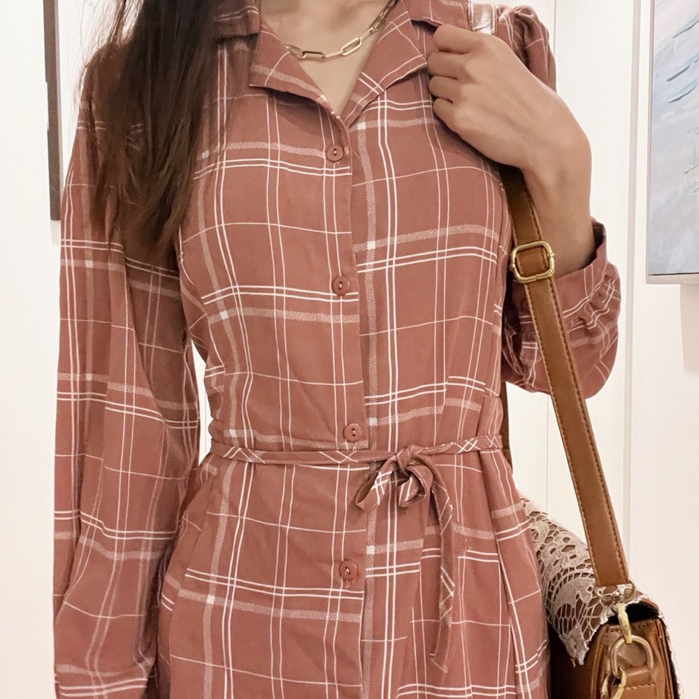 Pink panel-patterned long-sleeve button down dress